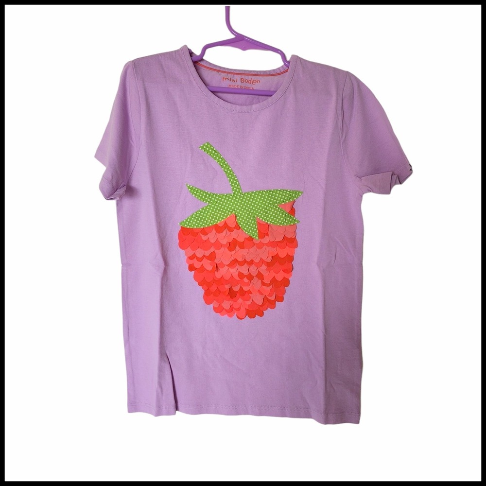 Mini Boden Strawberry Tee Applique Purple Girls size 9 10 Years Kids